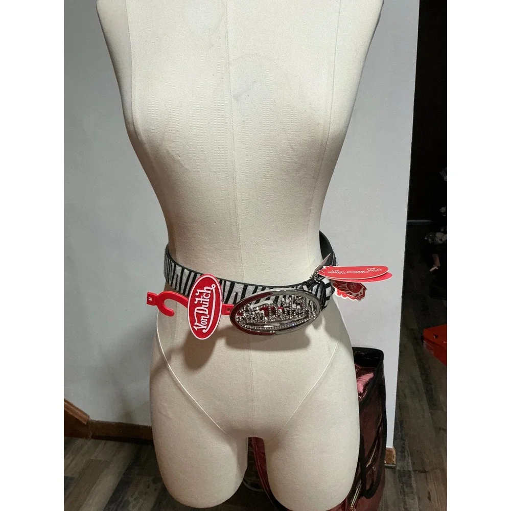 Von Dutch Zebra Print Faux Fur Rhinestone Logo Buckle Belt Y2K Coquette NWT M
